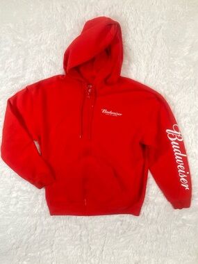Budweiser Red zip up hoodie with White Sleeve Script